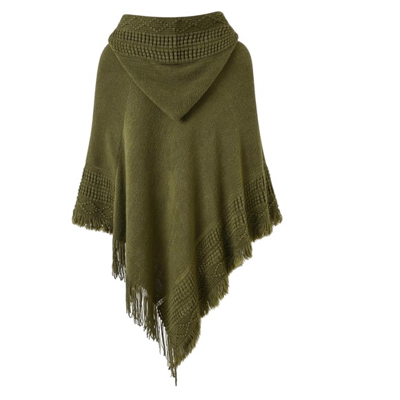 Minette Olive Green Knit Hooded Poncho Fringe O/S One Size Oversized NWT - Picture 2 of 11